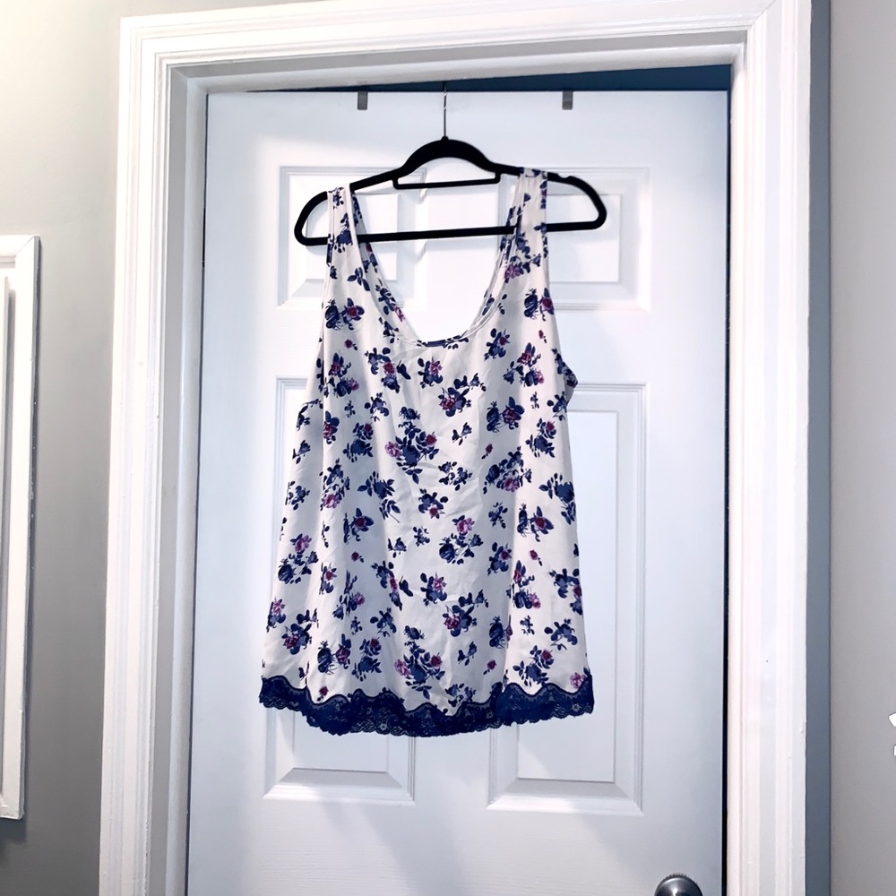 Torrid Floral Lace Trim Tank Top 3X Blue White Cami